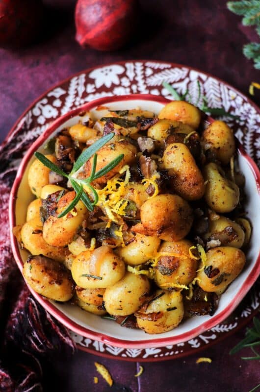 Crispy Skillet Gnocchi with Caramelized Onions and Chestnuts