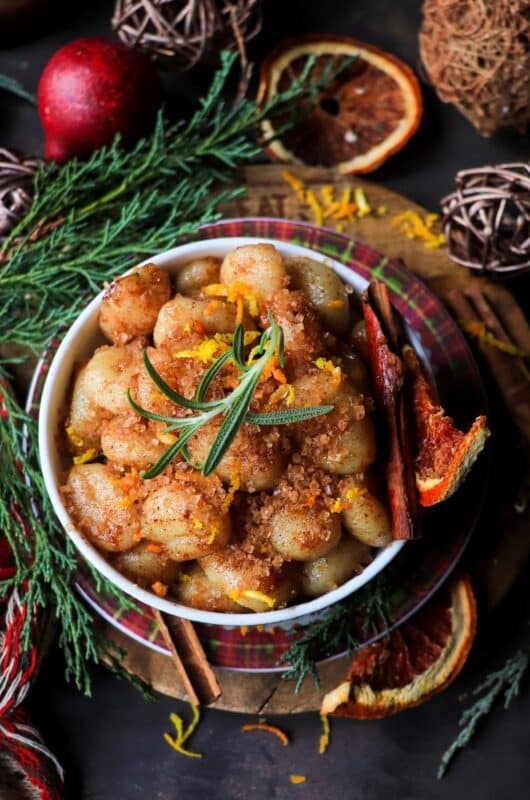 Festive Skillet Gnocchi with Honey, Brandy and Clementine