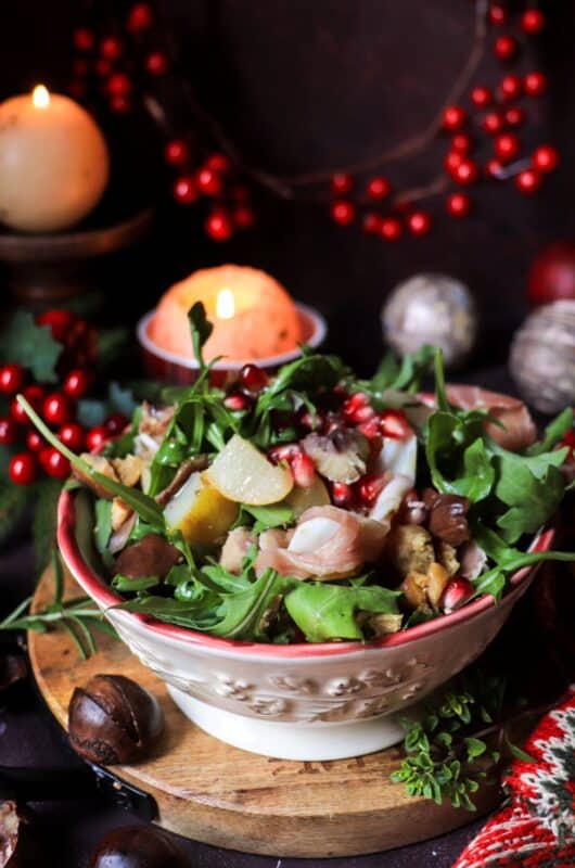 Pear Chestnut Salad with Prosciutto and Pomegranate
