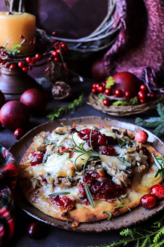 Leftover Turkey Flatbread with Chestnuts, Cranberry and Brie