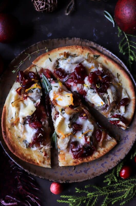 Leftover Turkey Flatbread with Caramelized Onions, Cranberry and Brie