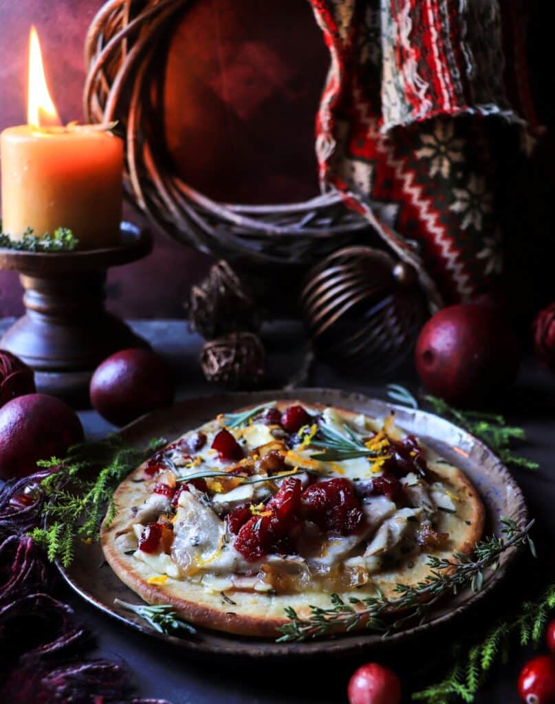 Leftover Turkey Flatbread with Caramelized Onions, Cranberry and Brie