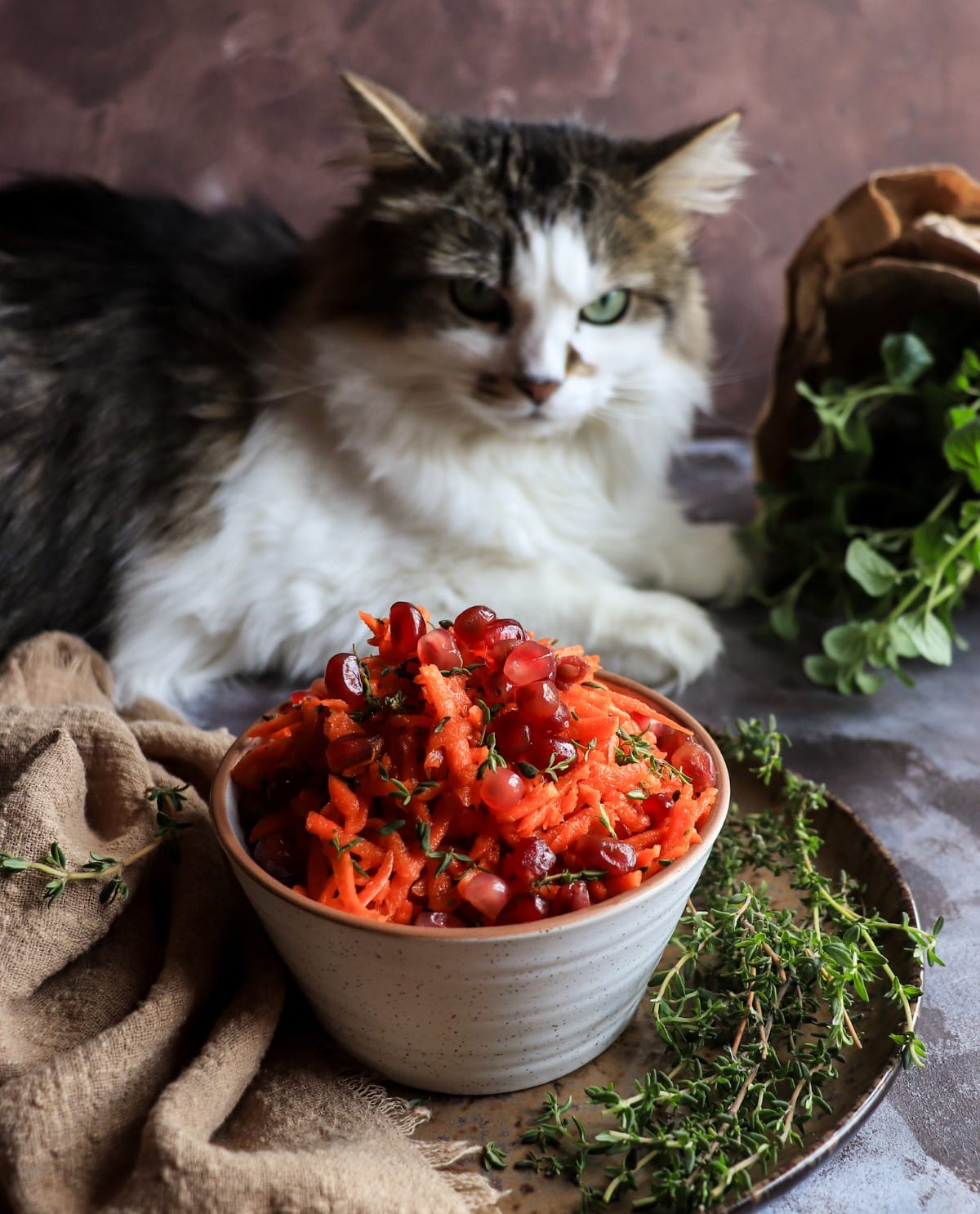 Shredded carrot salad with pomegranate molasses dressing in a ceramic bowl, garnished with pomegranate arils and thyme, with Daisy the cat in the background.