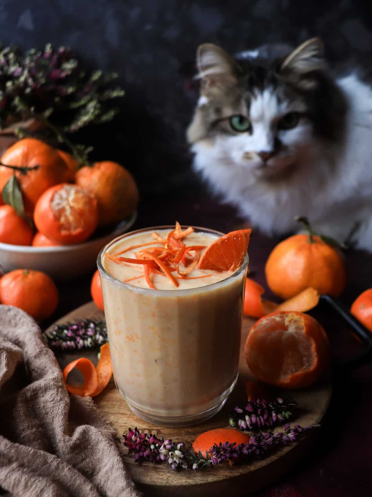 Clementine banana smoothie with Greek yogurt on a wooden board, surrounded by fresh clementines and citrus peels, with Daisy the cat watching in the background.