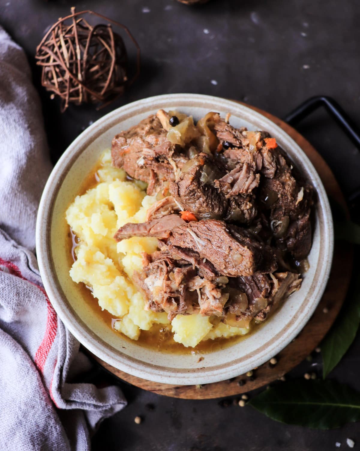 Traditional Karjalanpaisti, Finnish beef and pork stew served with boiled potatoes and broth.