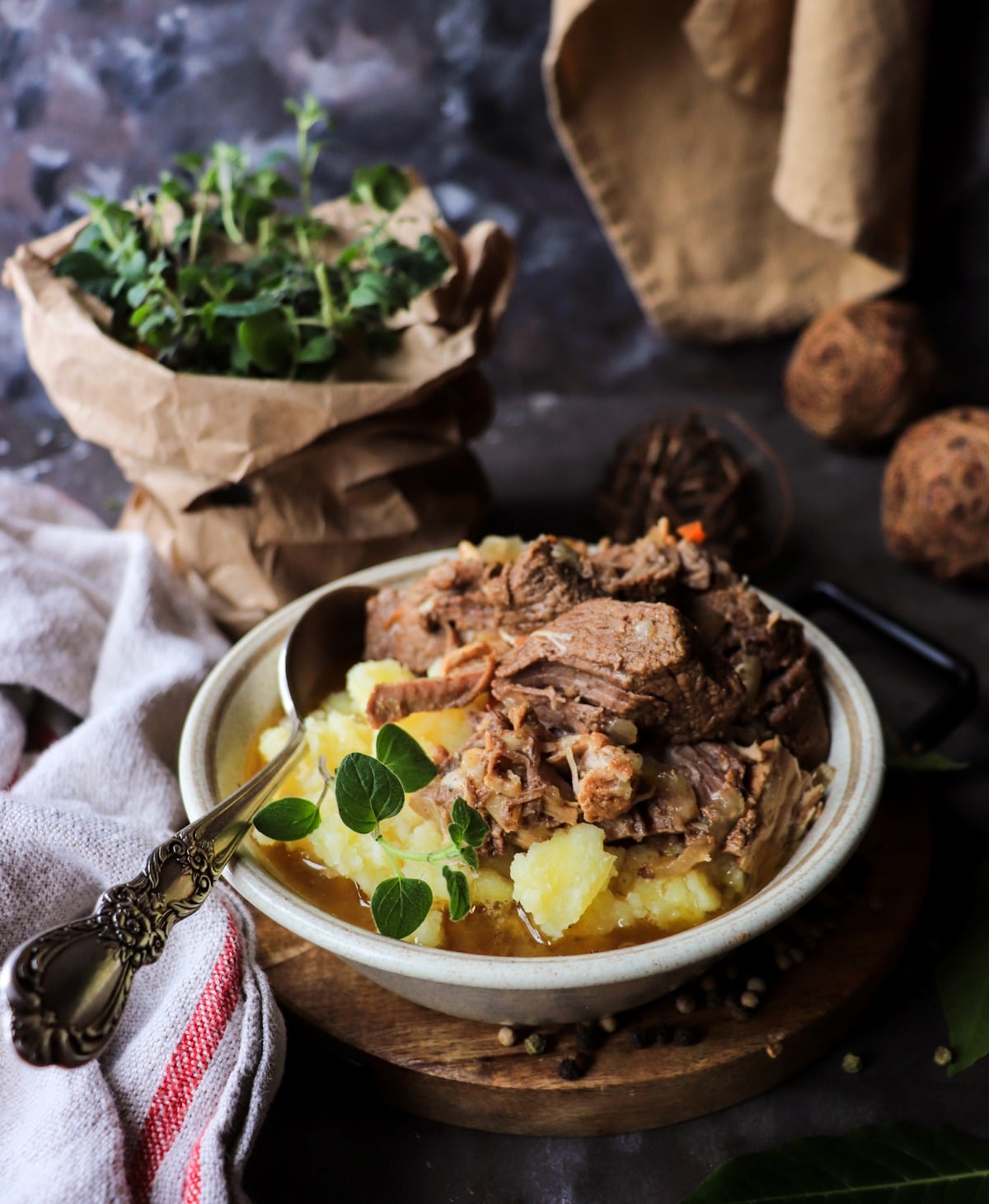 Traditional Karjalanpaisti, Finnish beef and pork stew served with boiled potatoes and broth.