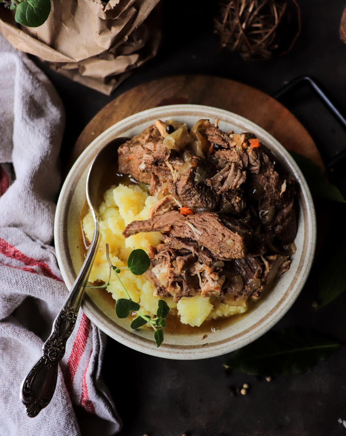 Traditional Karjalanpaisti, Finnish beef and pork stew served with boiled potatoes and broth.