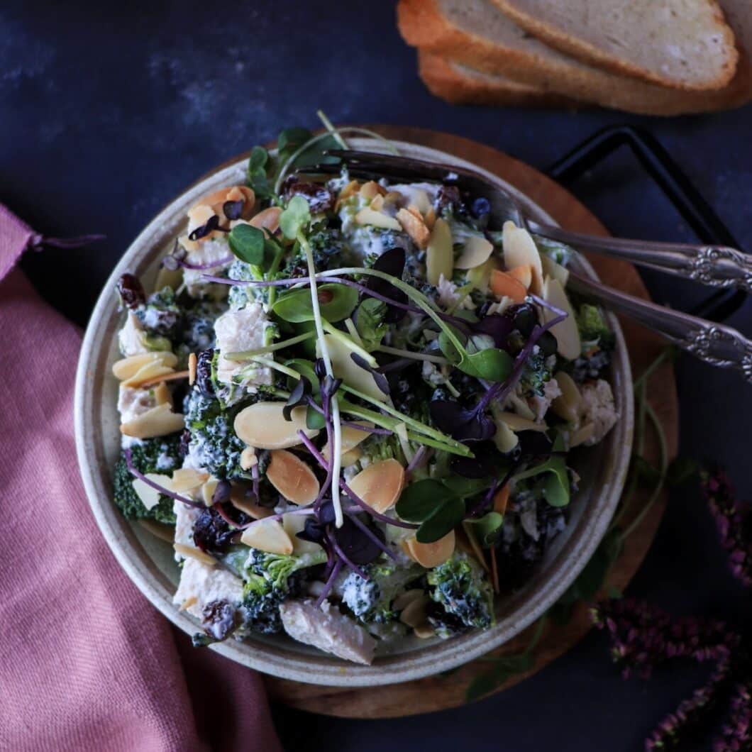 Raw Broccoli Salad with Chicken, Almonds, and Dried Fruit