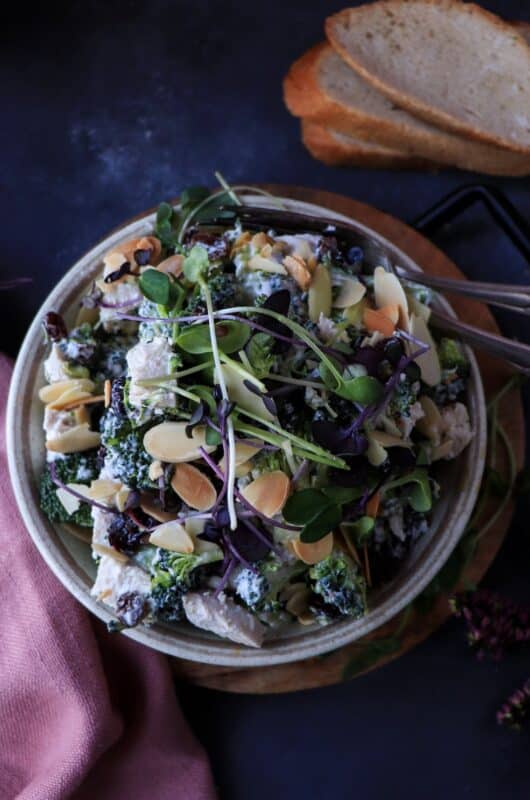 Raw Broccoli Salad with Chicken, Almonds, and Dried Fruit