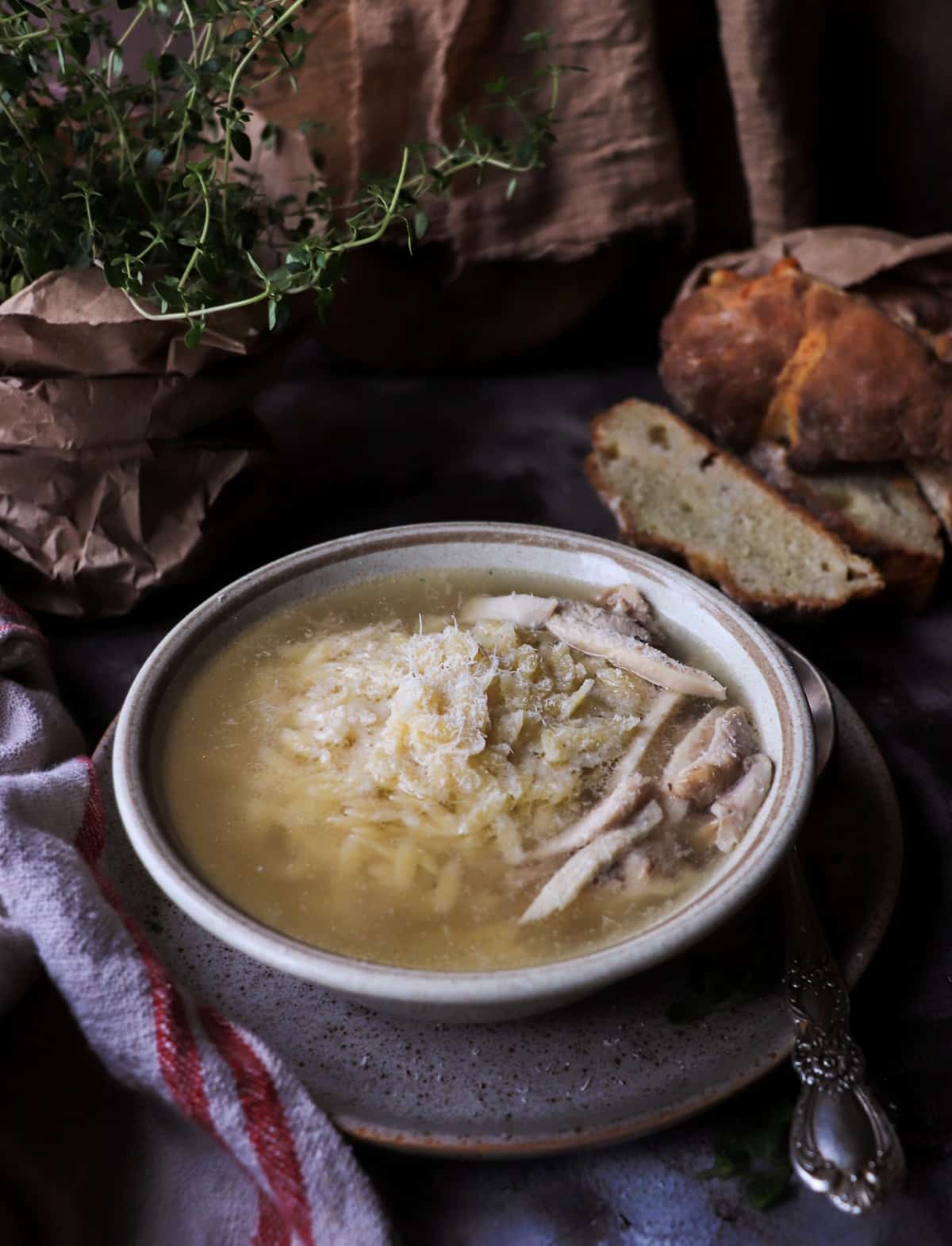 Italian Pastina Soup with orzo, shredded chicken, and finely grated Parmigiano in clear pale golden broth, served with rustic bread.