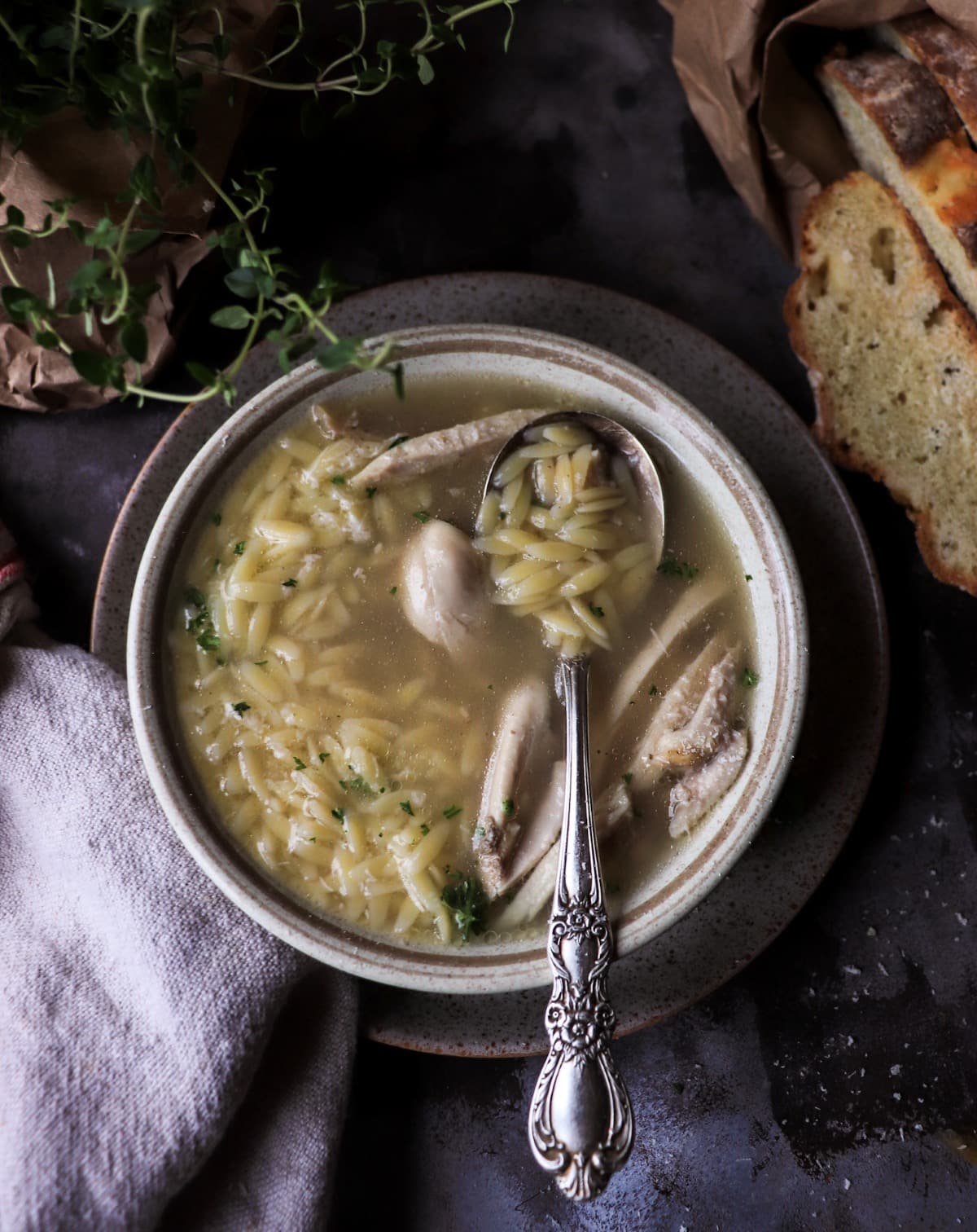 Bowl of Italian Pastina Soup with tender orzo and shredded chicken in light chicken brodo, lightly topped with Parmigiano.