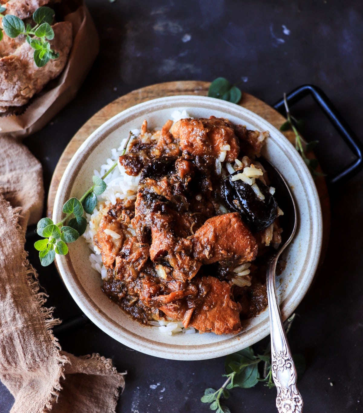 Spanish-Style Pork with Prunes served over white rice with tender pork, prunes, and a rich Iberian-style sauce.