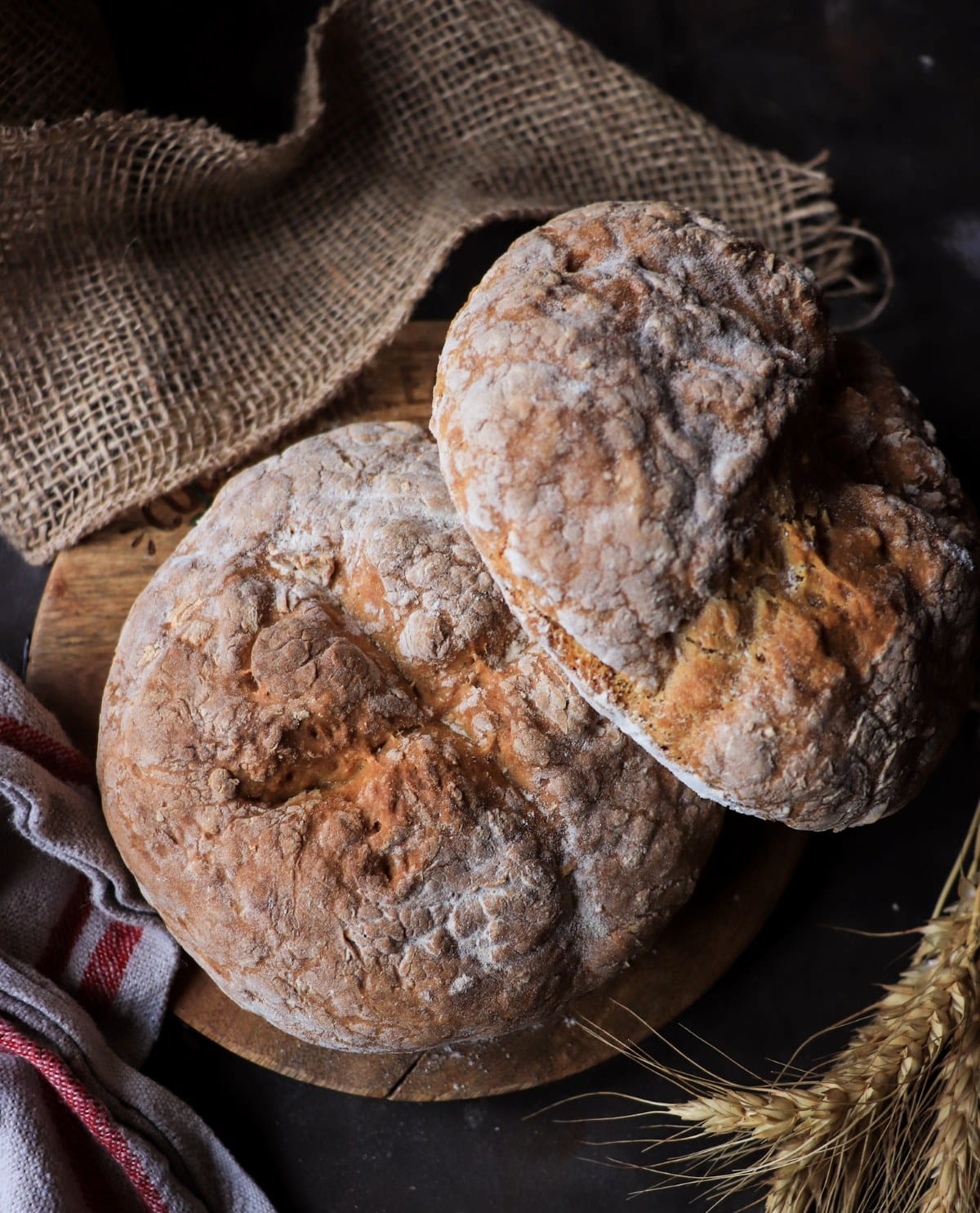 Two small loaves of Irish soda bread with a rustic flour-dusted crust, baked until golden.