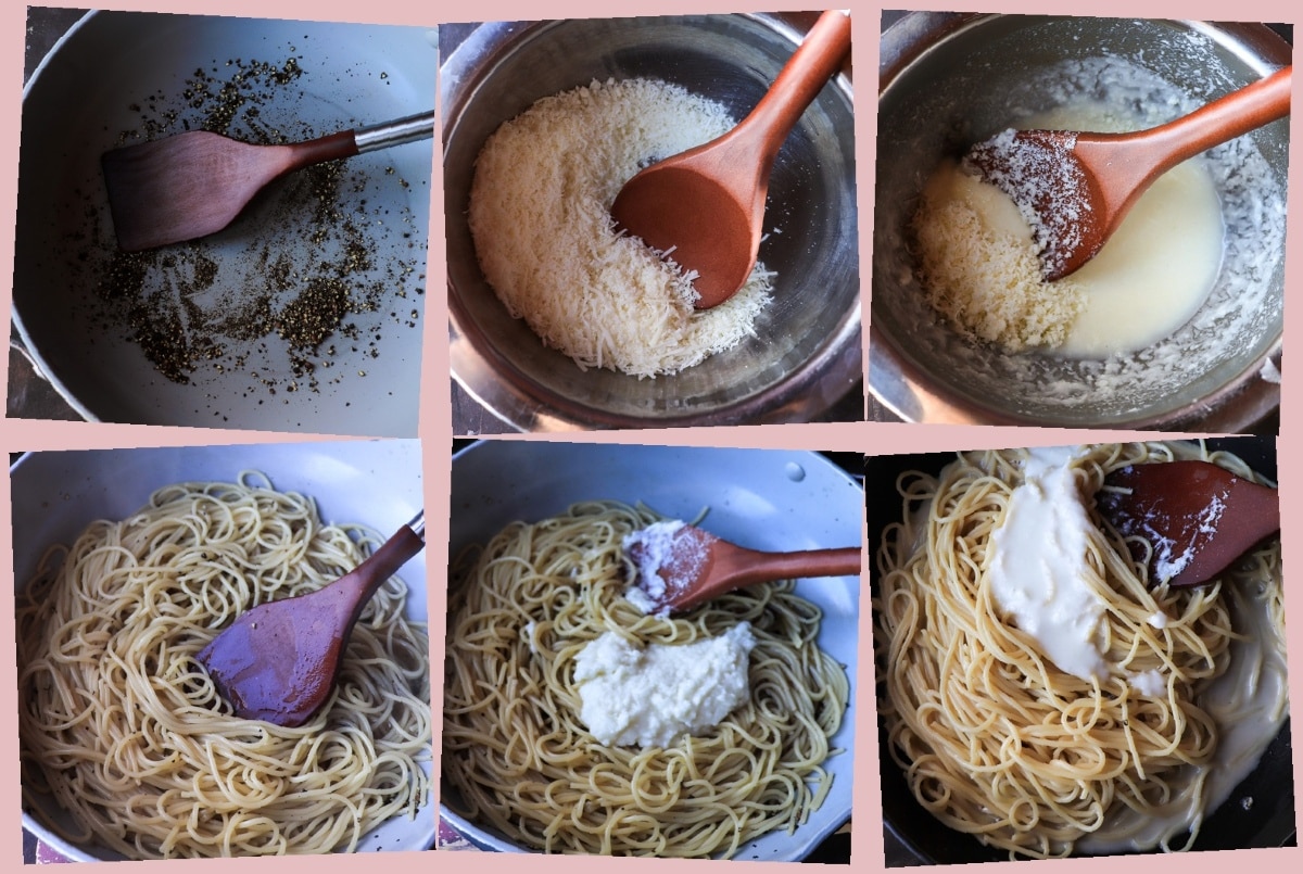 Step-by-step collage showing how to make Cacio e Pepe, from toasting black pepper to creating a creamy pecorino sauce.
