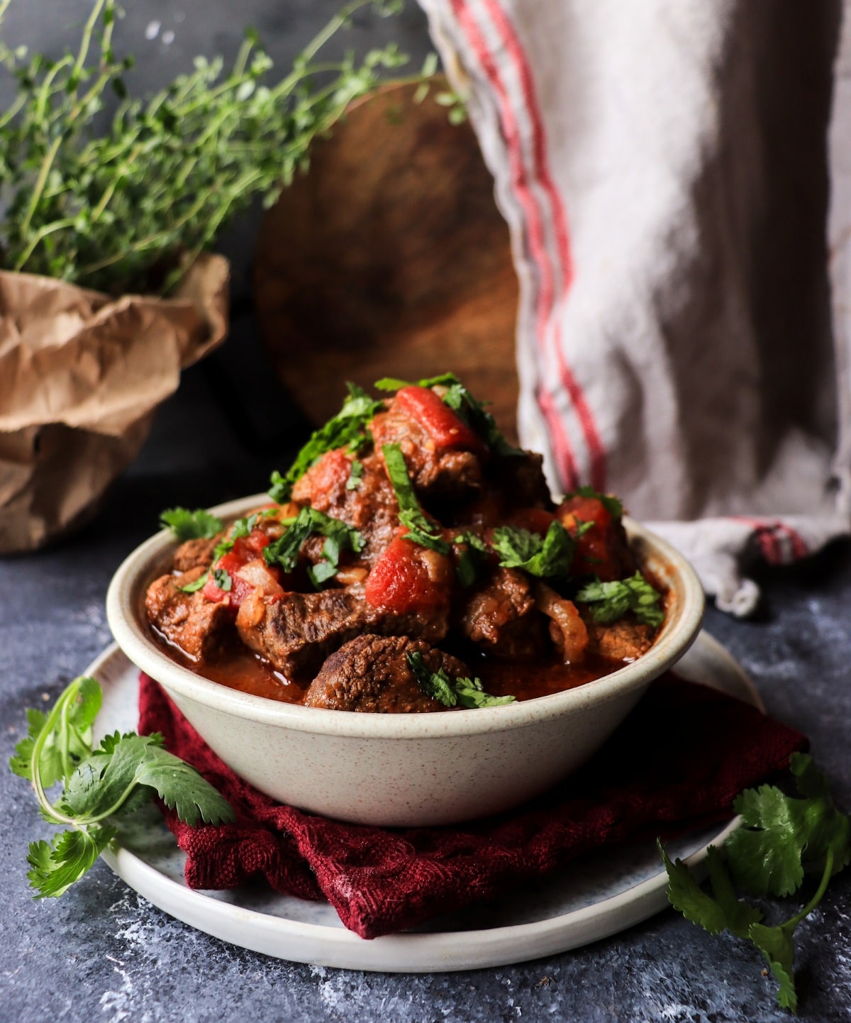 Homemade Chashushuli, traditional Georgian beef tomato stew served with fresh cilantro.