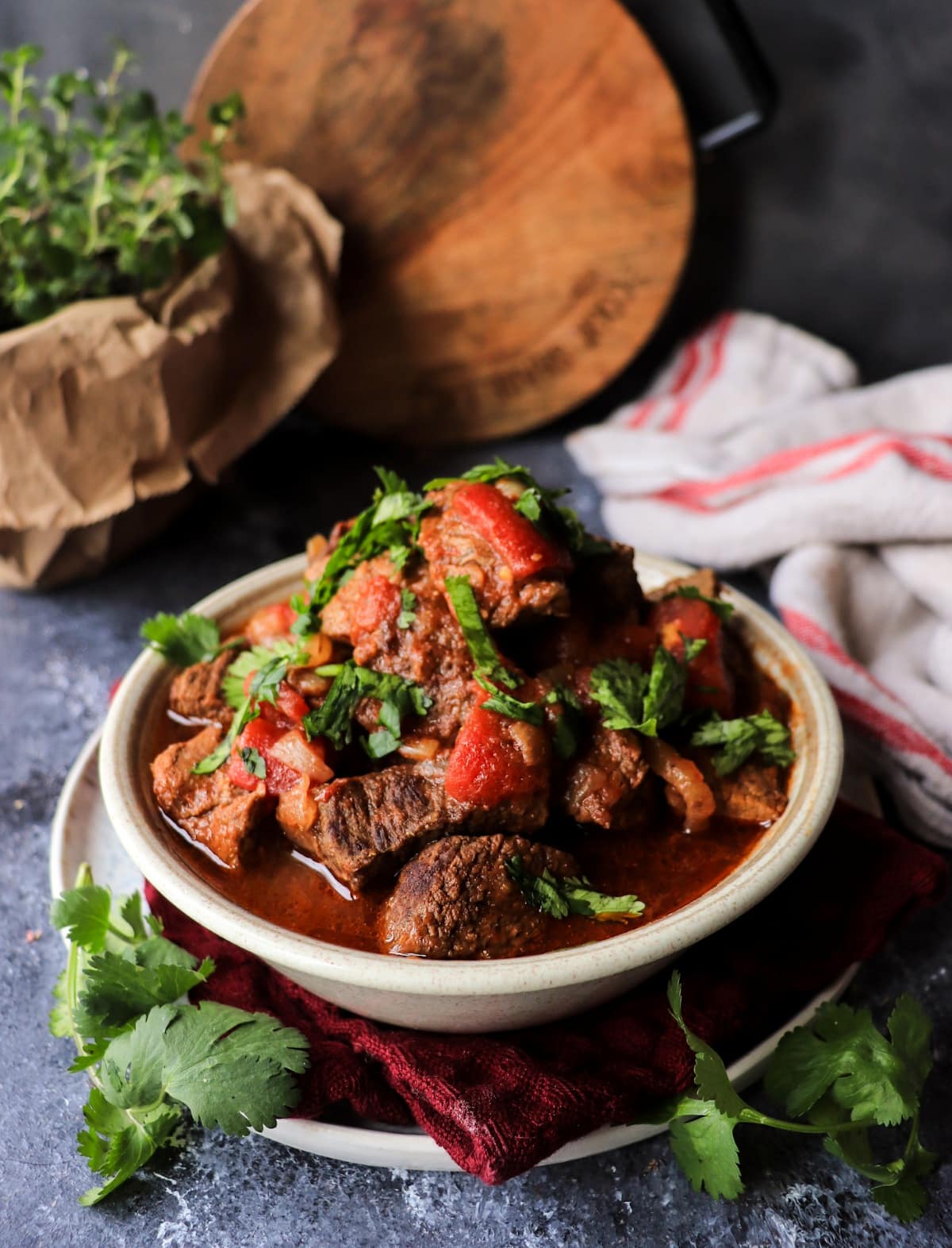 Homemade Chashushuli, traditional Georgian beef tomato stew served with fresh cilantro.