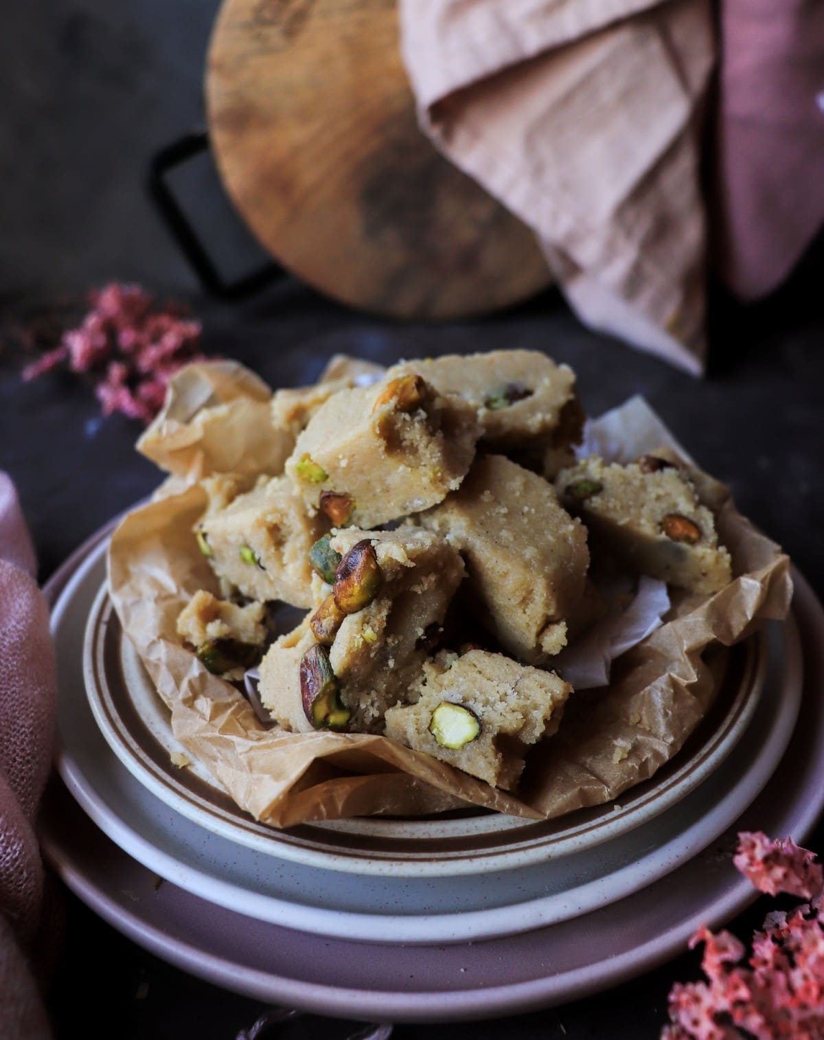 Homemade tahini halva recipe with sesame seeds, slightly crumbly texture.
