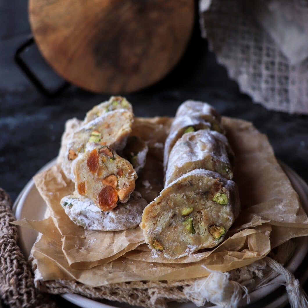 Italian White Chocolate Salami with Apricots and Pistachios