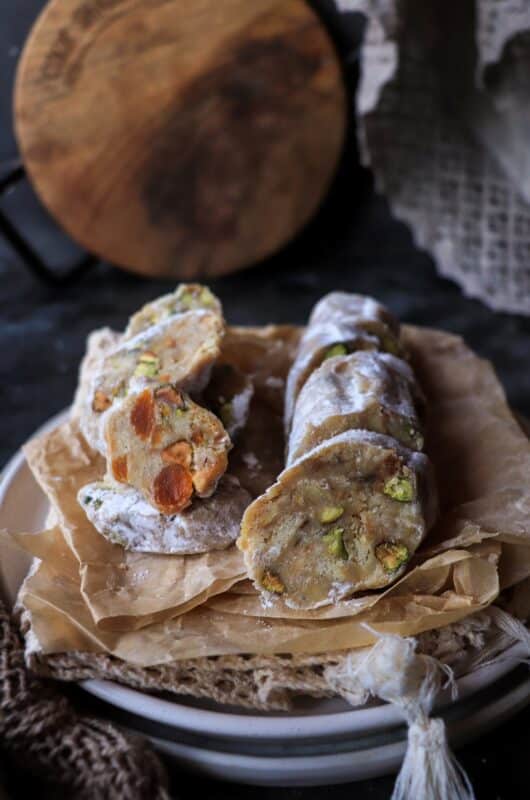 Italian White Chocolate Salami with Apricots and Pistachios