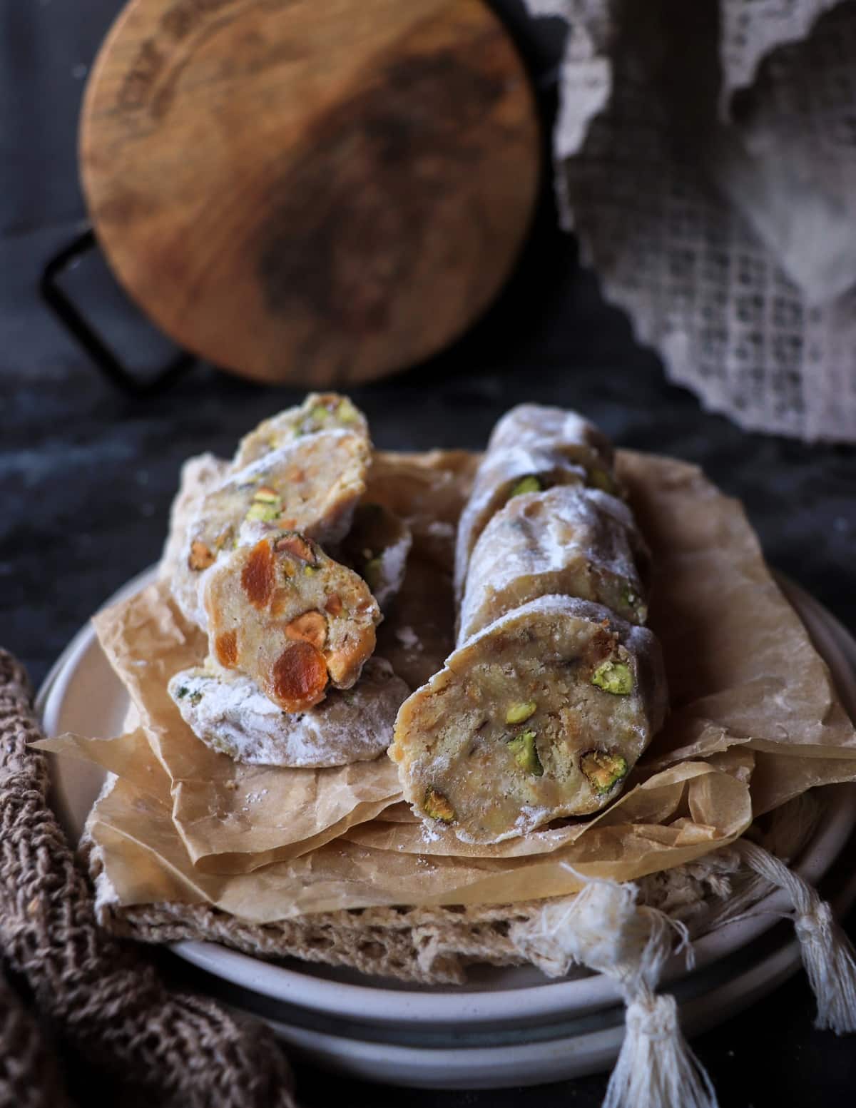 Italian White Chocolate Salami with Apricots and Pistachios