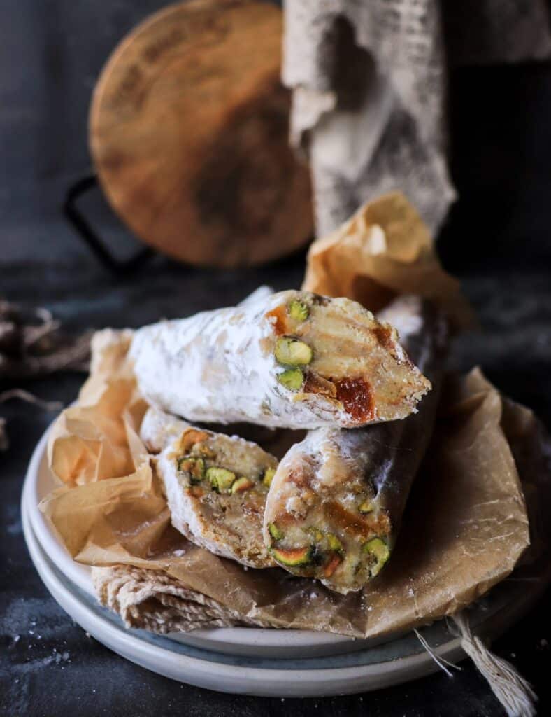 Italian White Chocolate Salami with Apricots and Pistachios