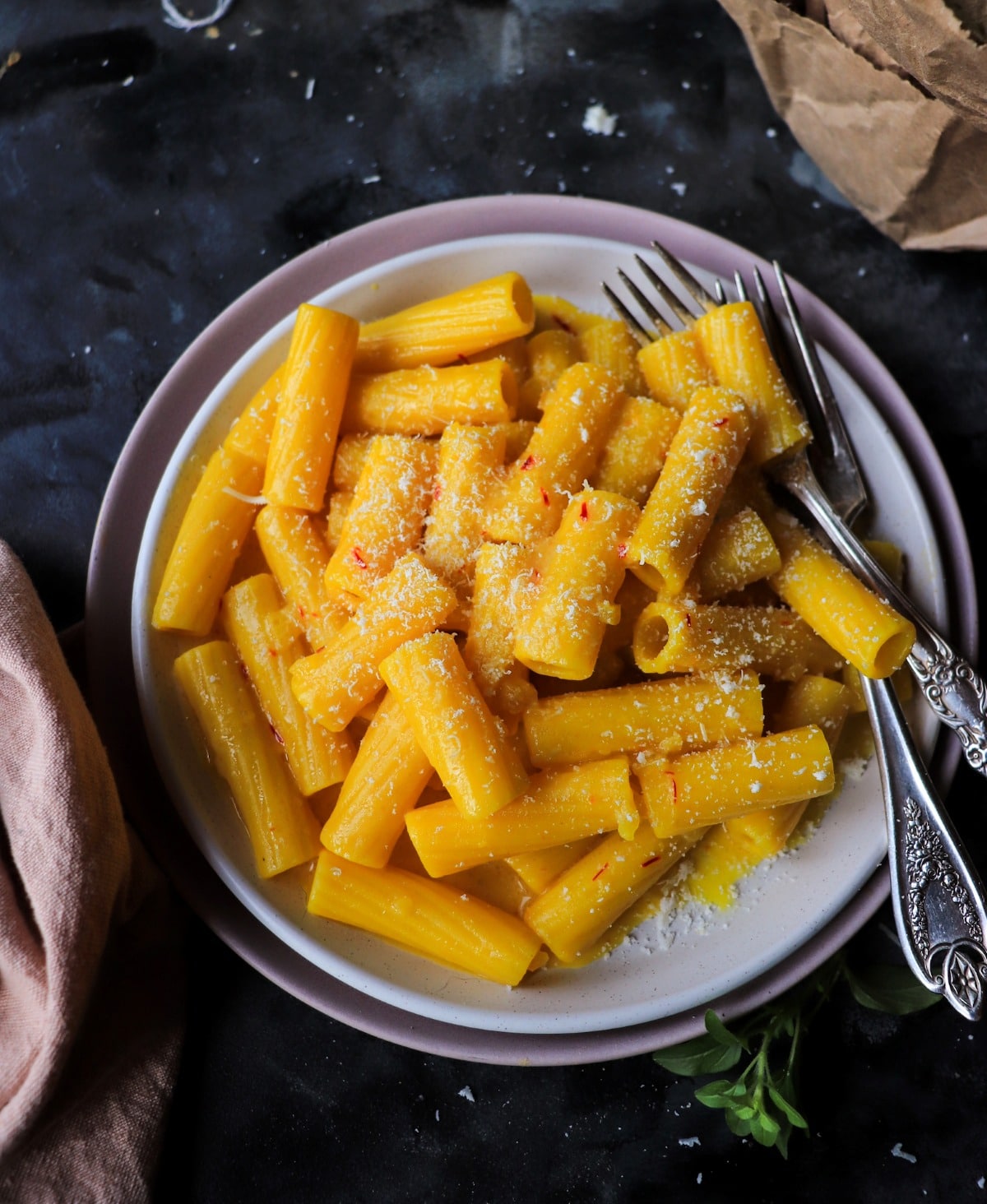 Italian Saffron Pasta (Pasta allo Zafferano) with rigatoni, Parmigiano, and glossy saffron butter sauce.