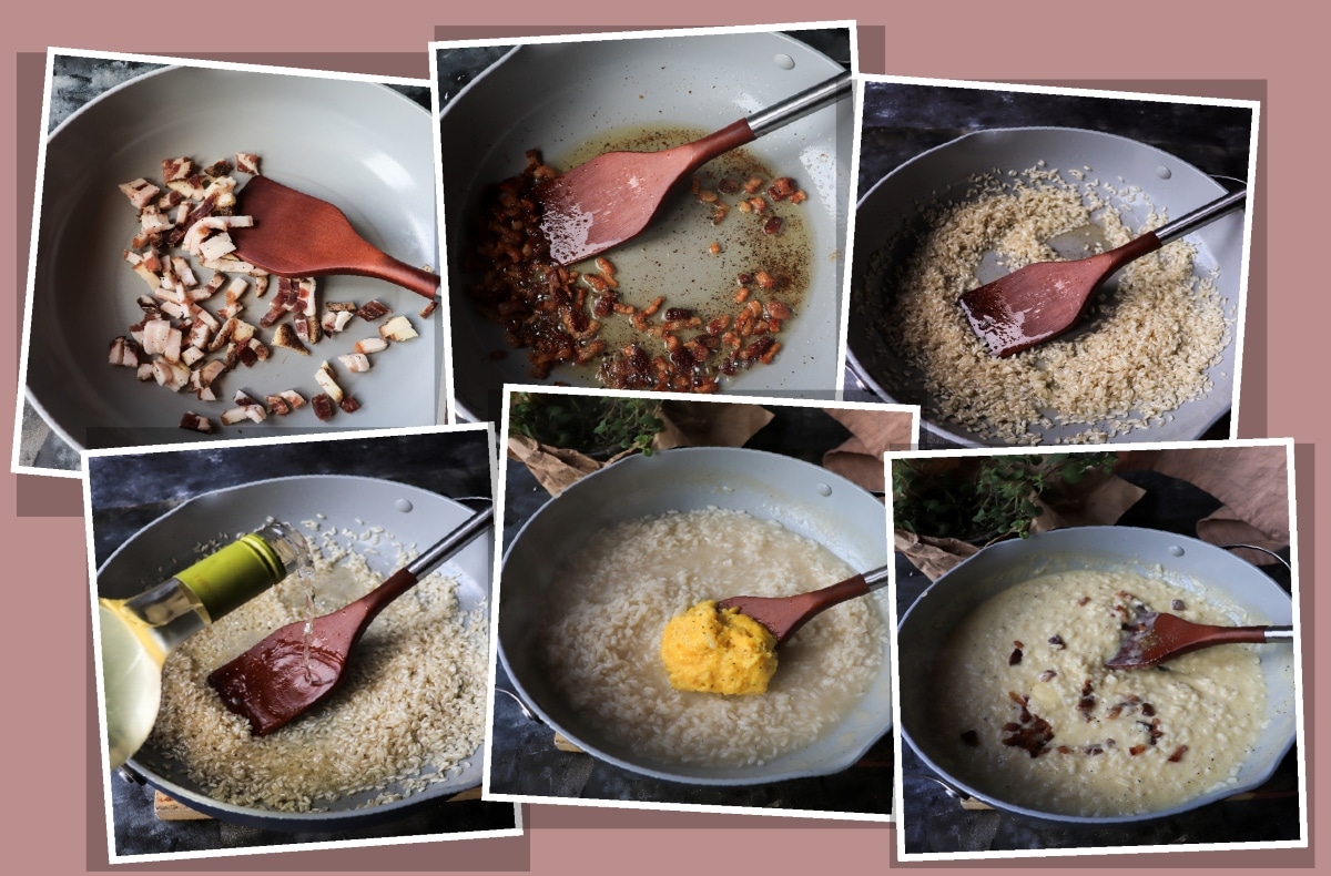 Step-by-step collage showing the process of making risotto carbonara, including stirring the rice, adding stock, incorporating the egg mixture, and finishing with crispy guanciale.
