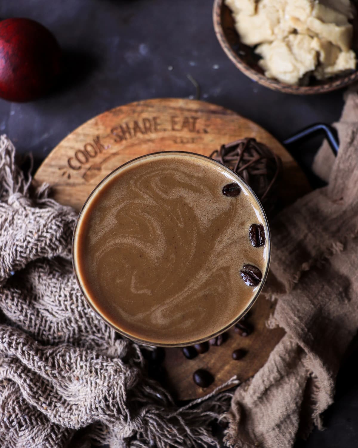 Coffee halva cocktail with natural marbled texture and light foam from tahini halva.