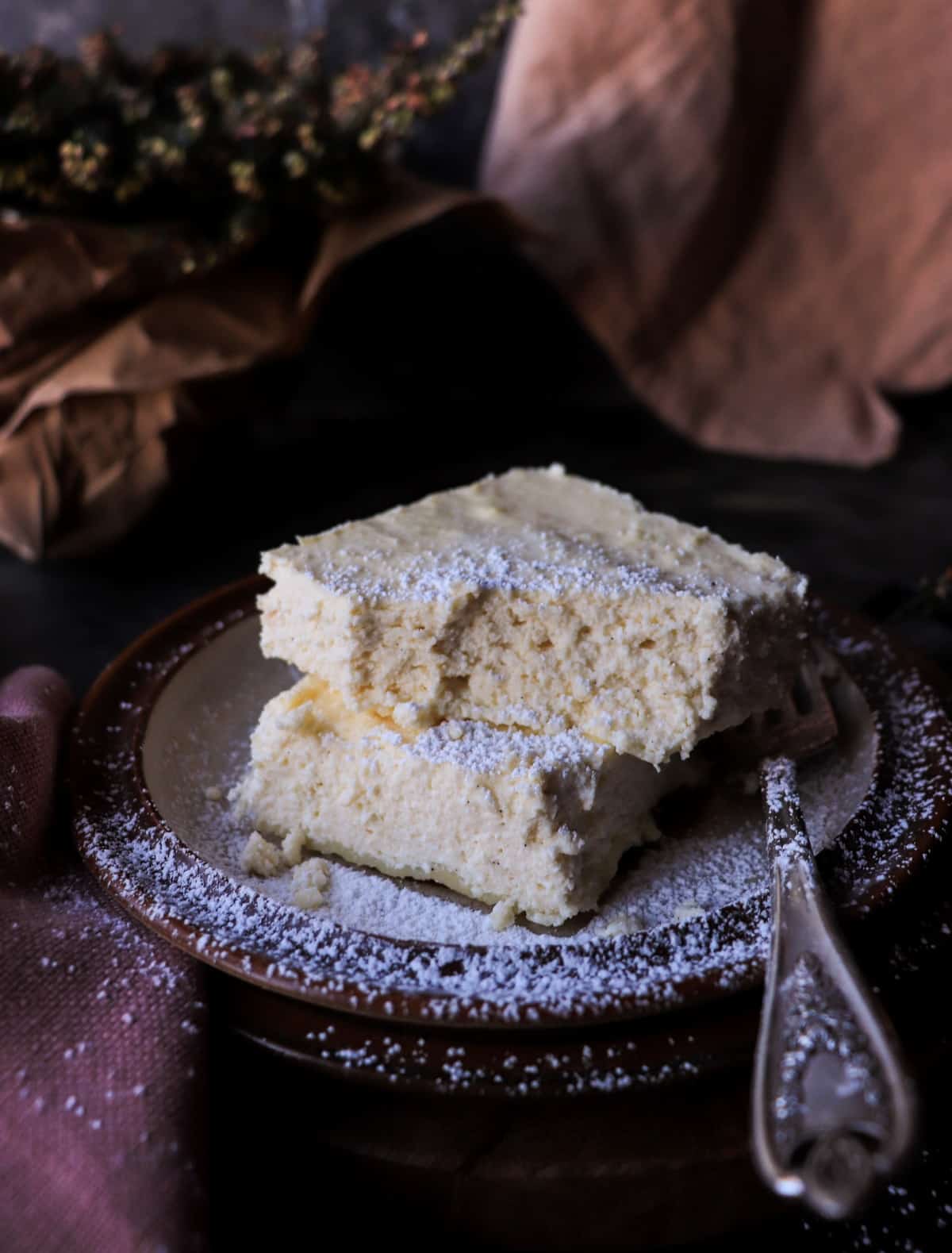 soft and fluffy cottage cheese bake with powdered sugar