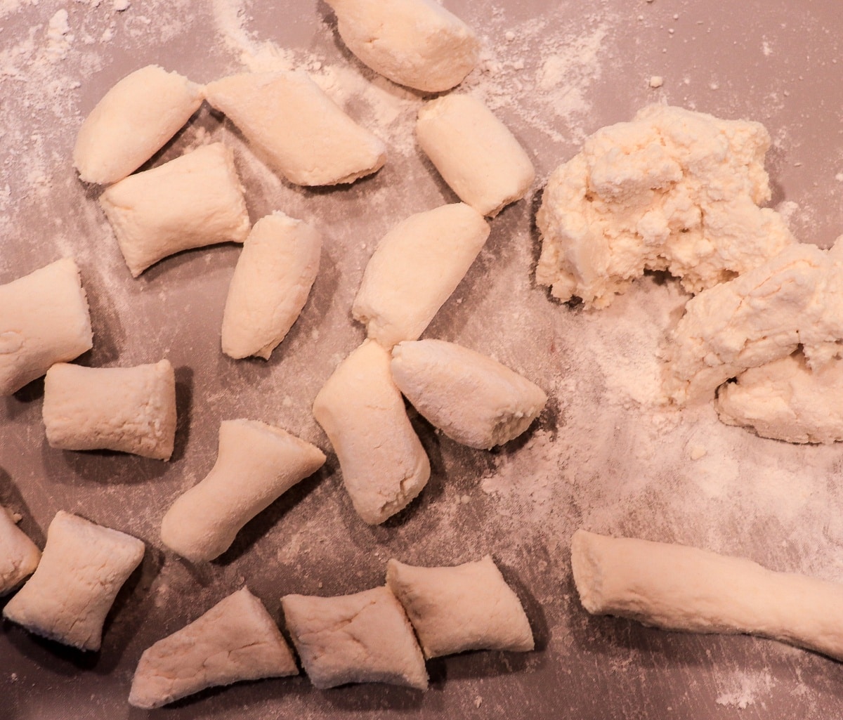 homemade cottage cheese dumplings shaped on floured surface