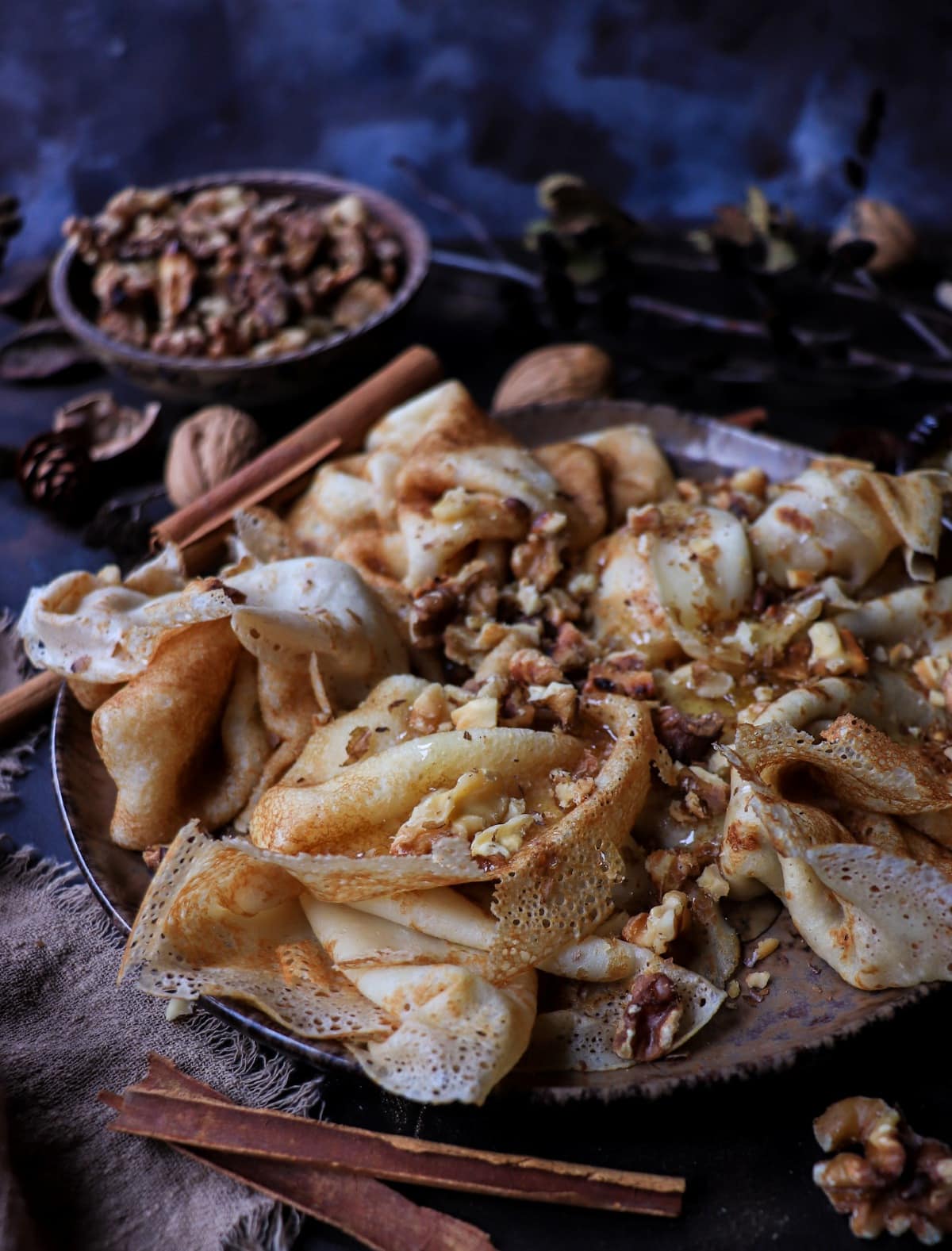 easy crêpe dessert with honey and toasted walnuts rustic style