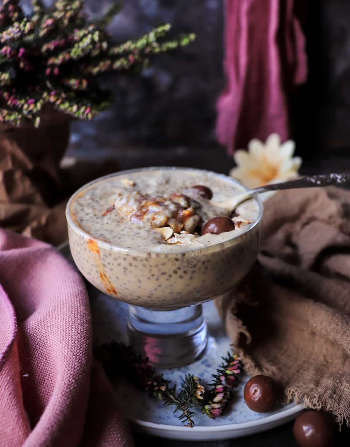 creamy chia pudding with dulce de leche and Greek yogurt.