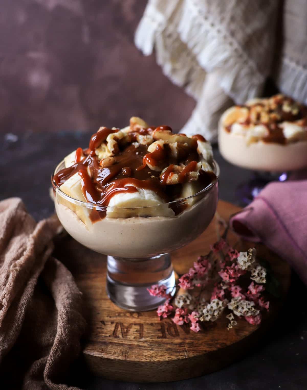 dulce de leche cottage cheese dessert with banana and walnuts