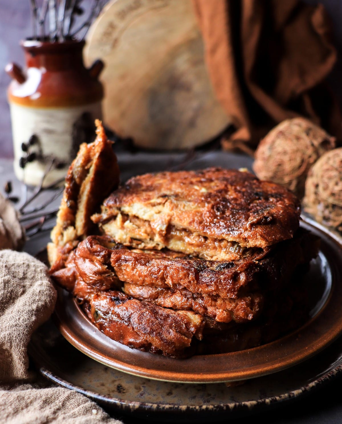 Brioche French toast stuffed with dulce de leche, golden and caramelized