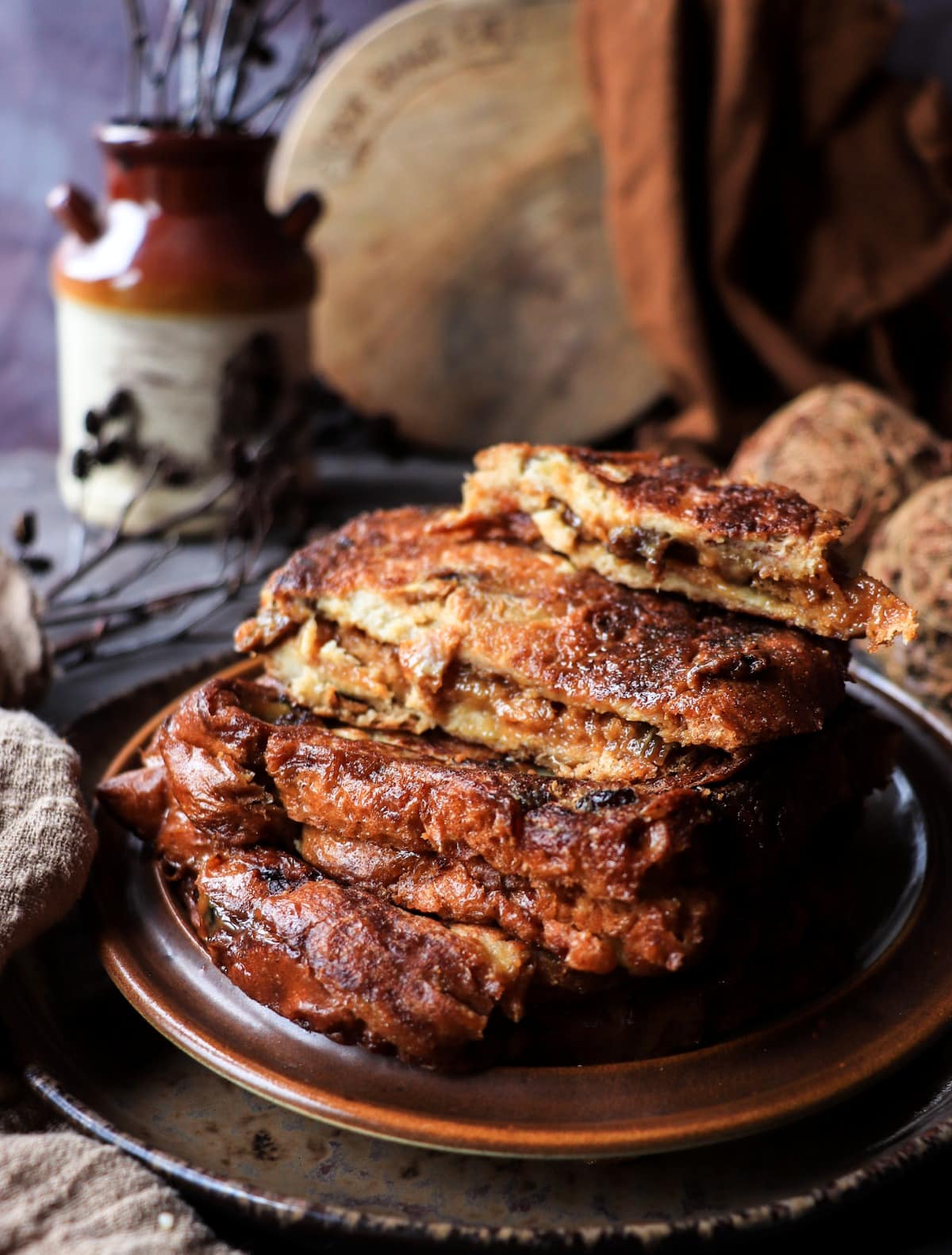 Stuffed French toast with dulce de leche filling showing soft custardy interior