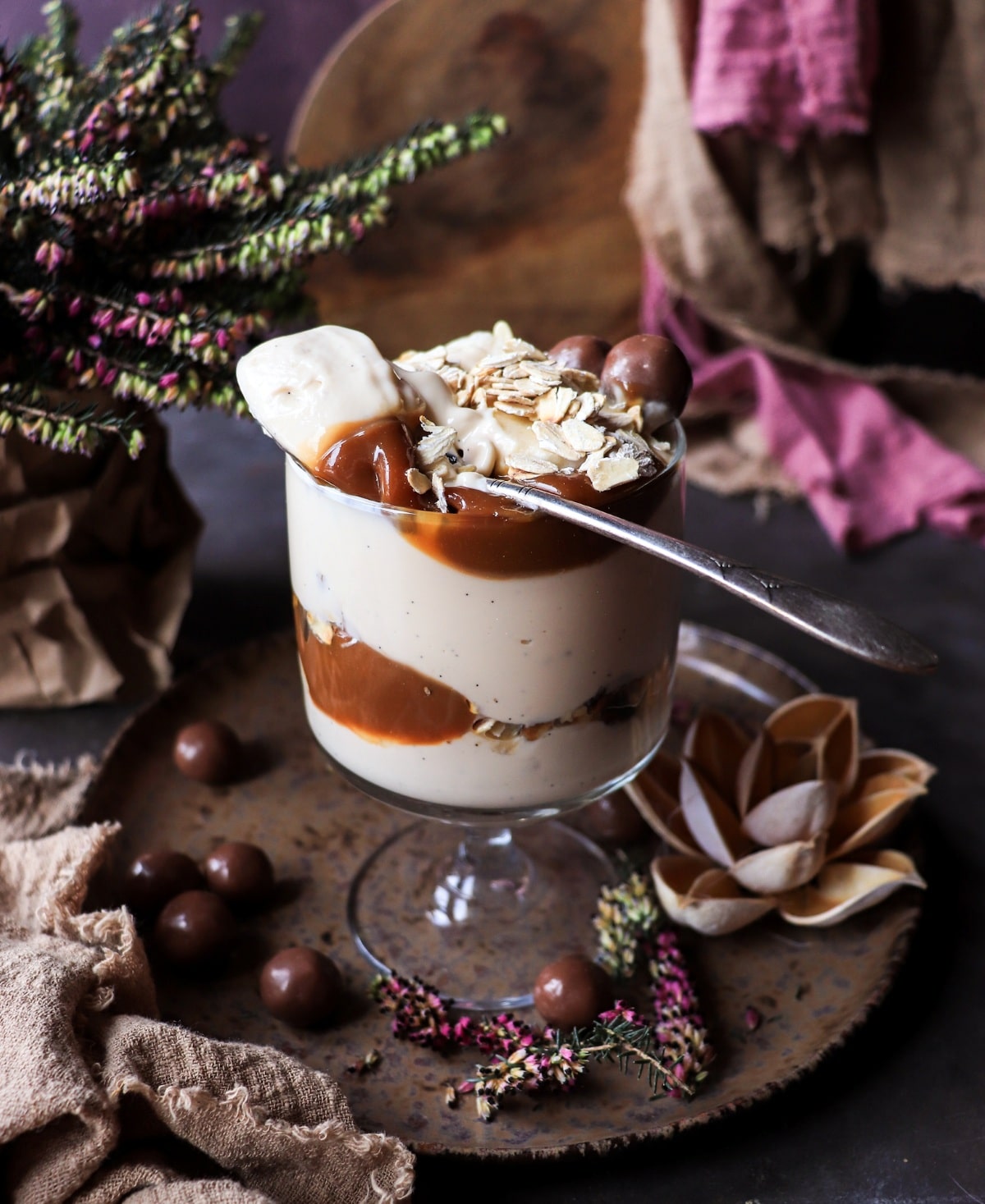 creamy Greek yogurt parfait layered with dulce de leche and toasted oats