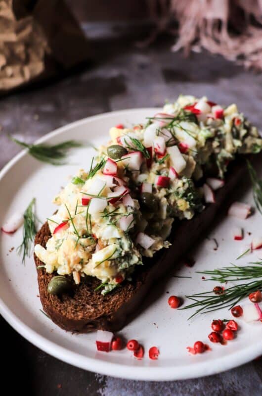 Smoked Sprat Egg Salad with Yogurt, Dill and Capers