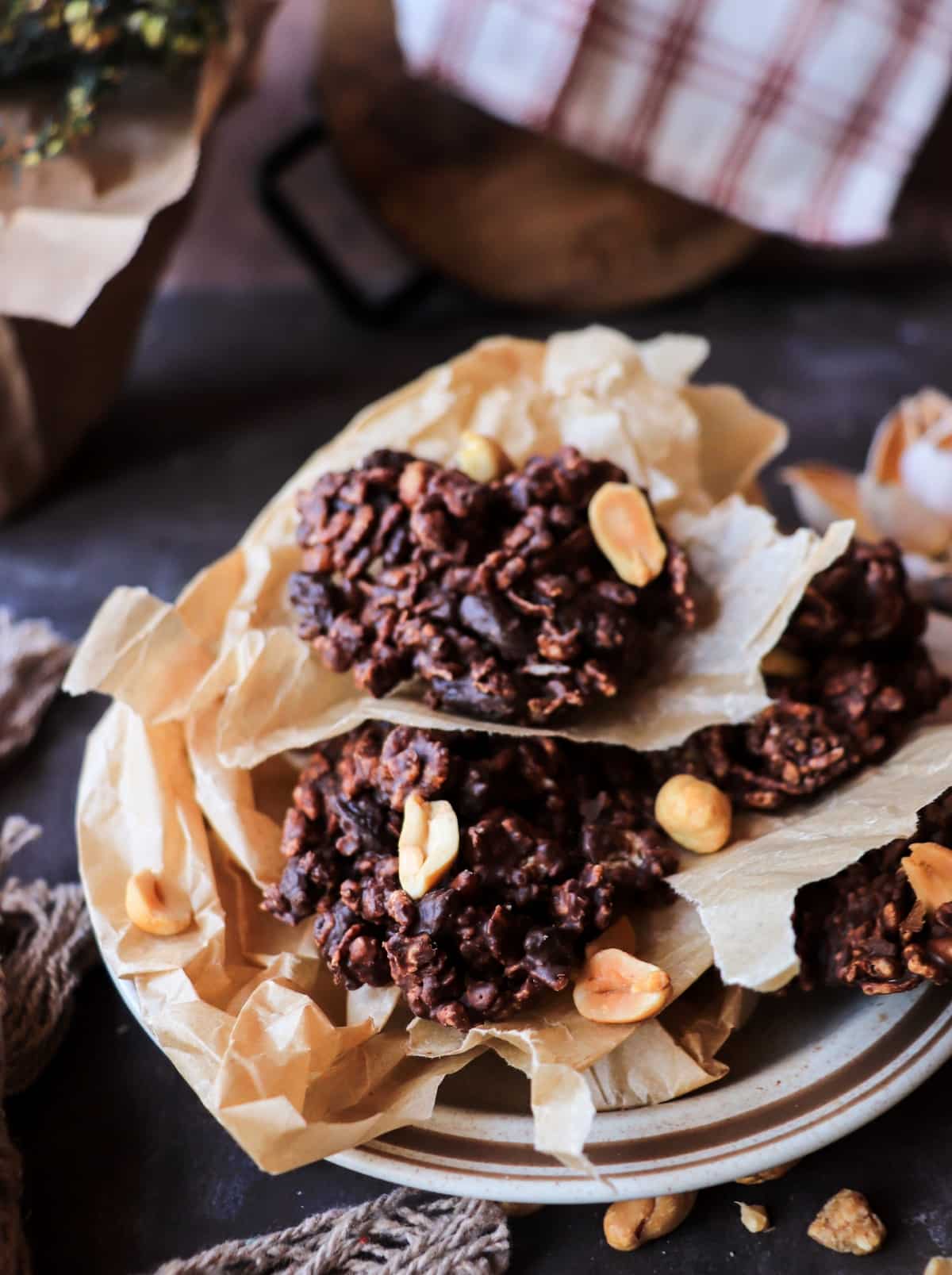 Chocolate cornflake clusters with raisins and toasted pine nuts