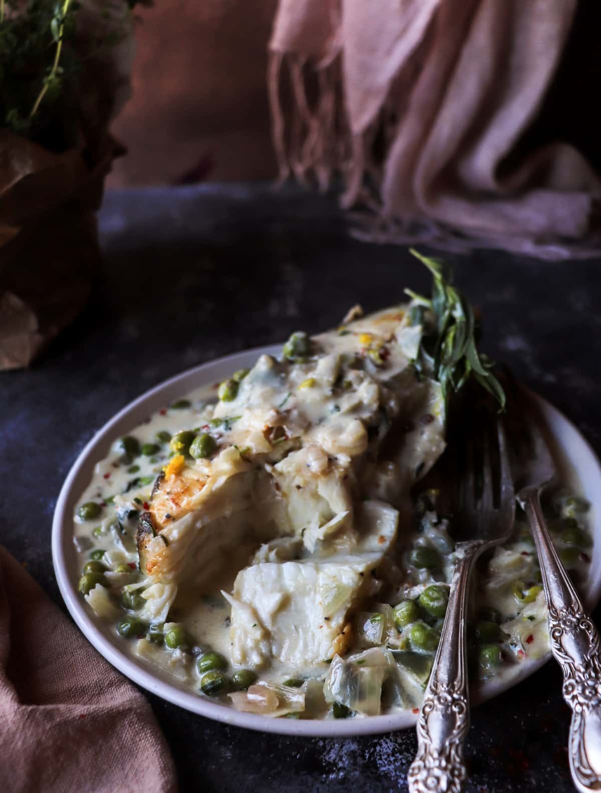 Halibut in White Wine Tarragon Cream Sauce with Green Peas