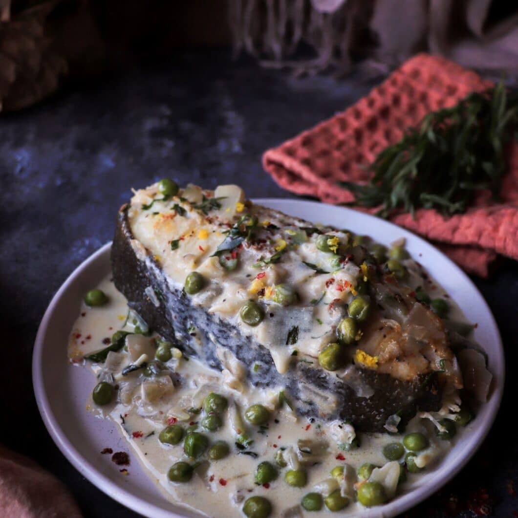 Halibut in White Wine Tarragon Cream Sauce with Green Peas