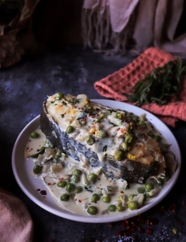 Halibut in White Wine Tarragon Cream Sauce with Green Peas