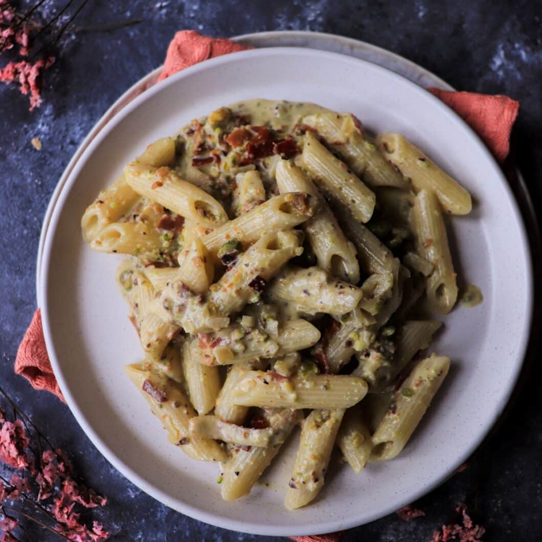 Pasta with Pistachio Cream and Crispy Speck