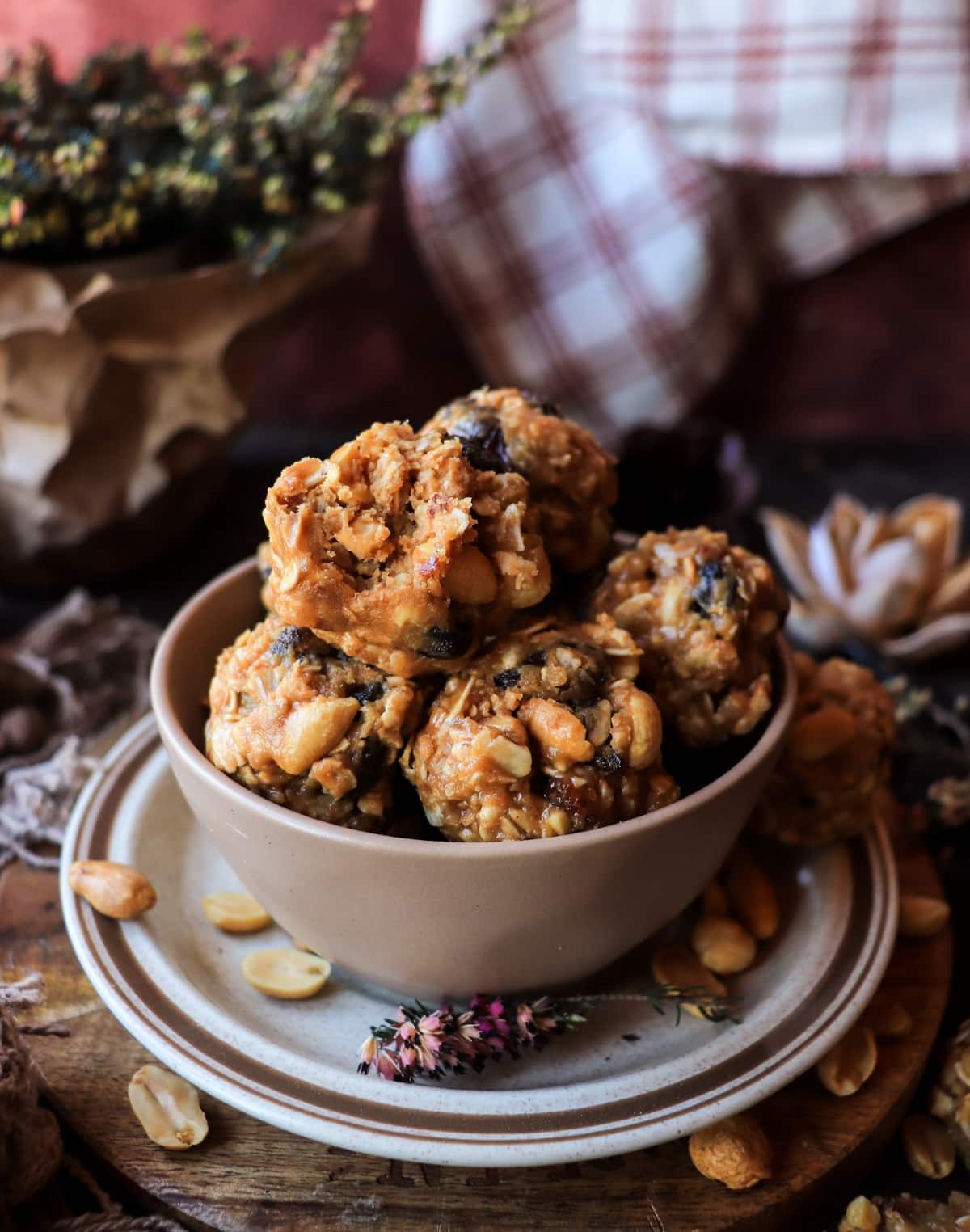 Close-up of no bake peanut butter oat balls with chopped peanuts and dark raisins.