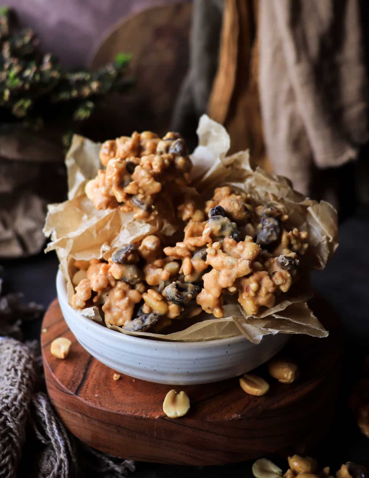 No bake Peanut Cornflake Clusters with butterscotch, roasted peanuts and raisins