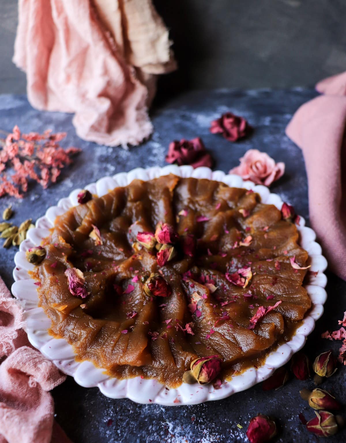 Middle Eastern saffron halva dessert with floral rosewater flavour and soft texture