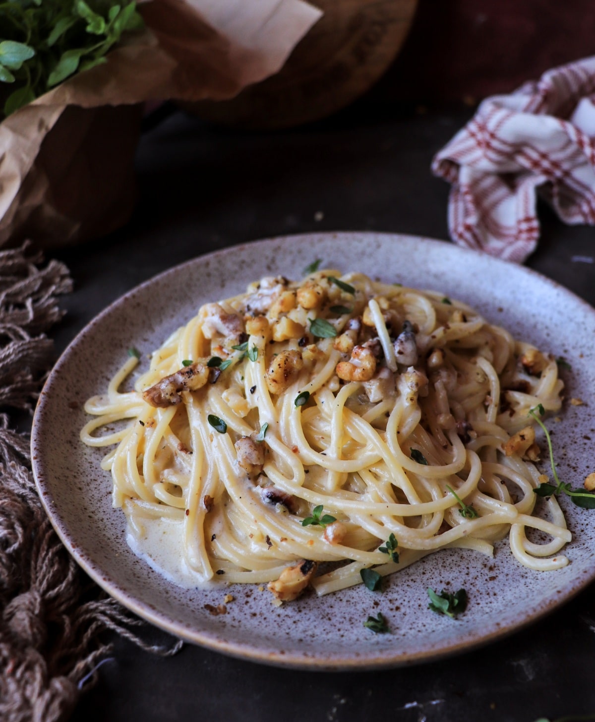 Gorgonzola walnut pasta with silky blue cheese sauce and cracked black pepper.