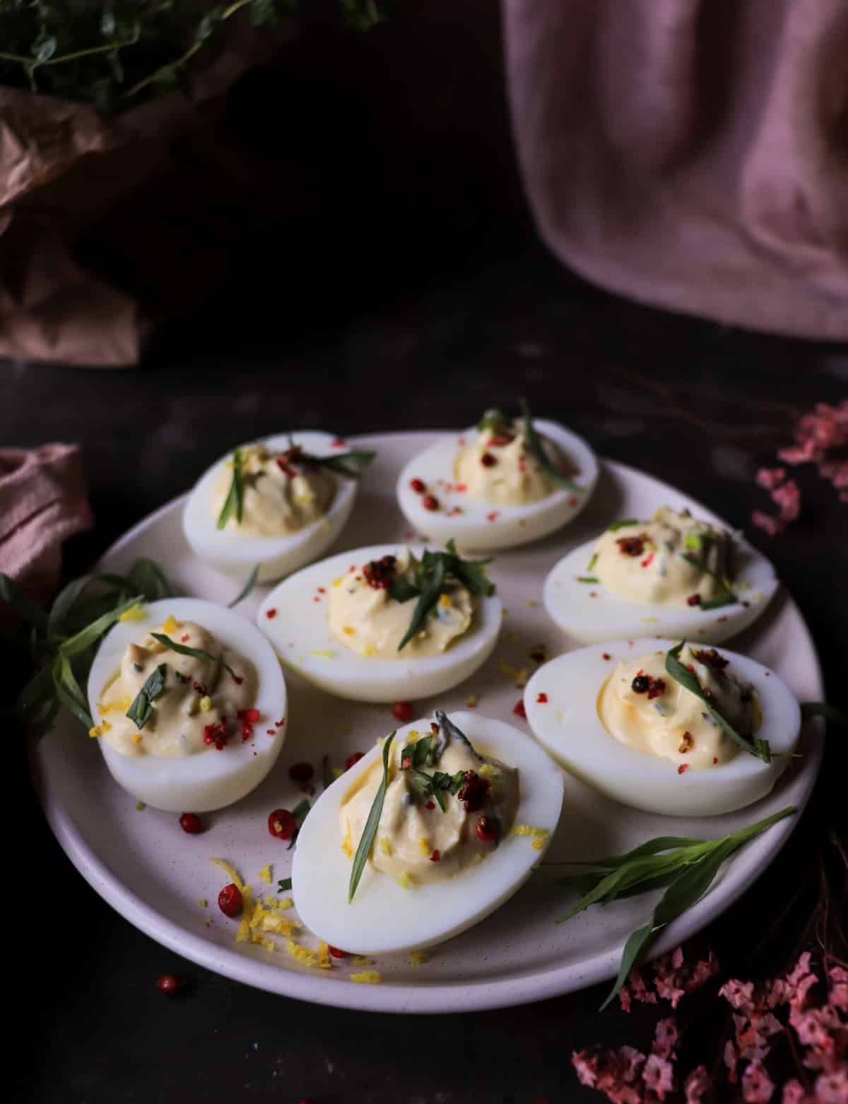 Spring deviled eggs with fresh tarragon and herbs
