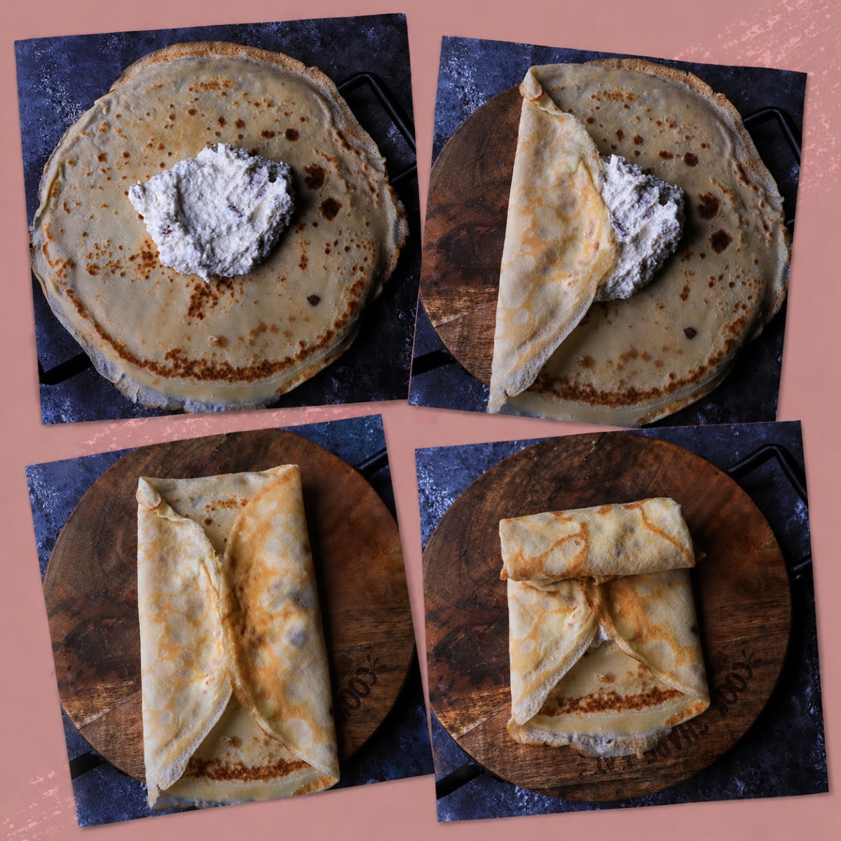 collage showing how to fold crepes with cottage cheese filling