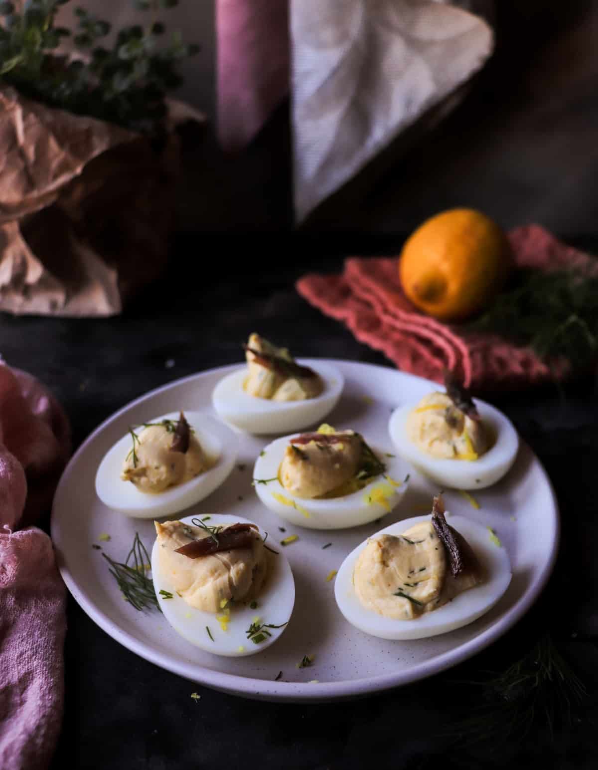 Anchovy deviled eggs served as an elegant appetizer