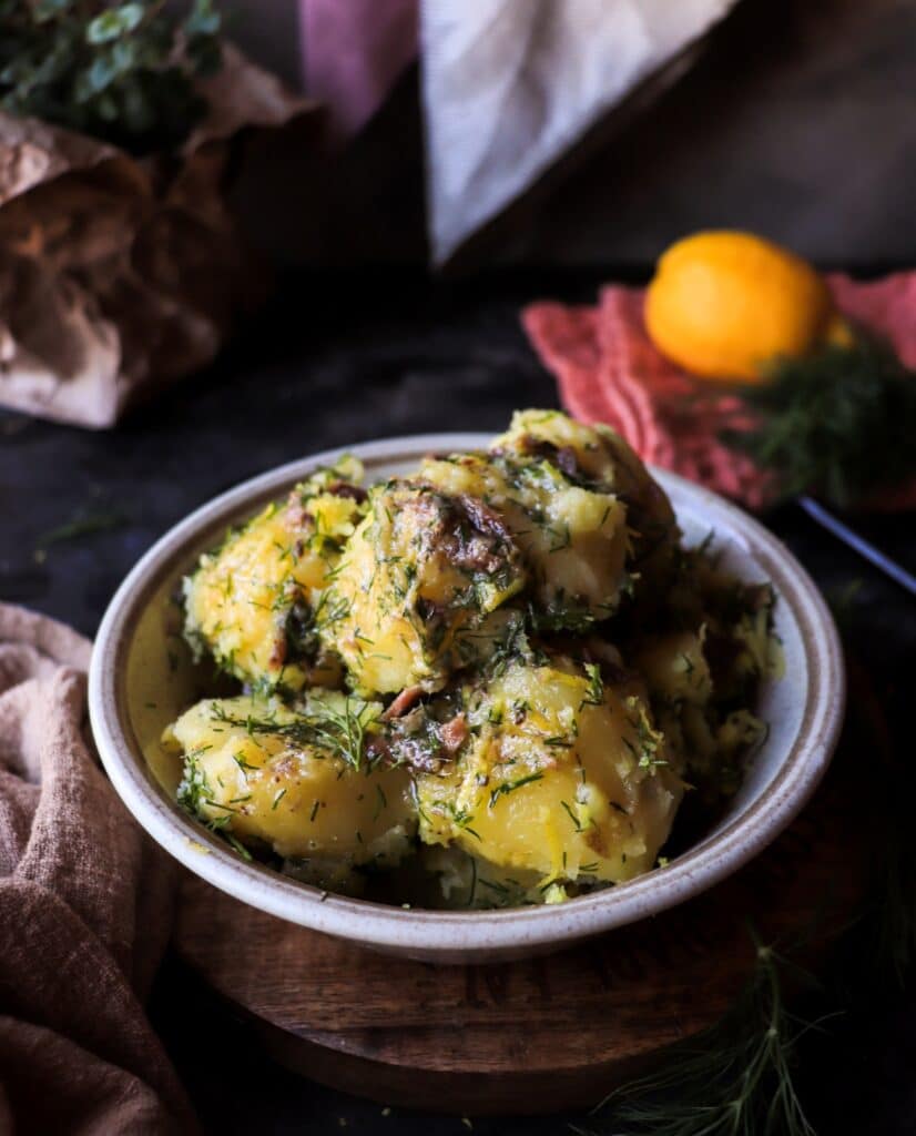 Rustic boiled potatoes with lemon dill and anchovy butter.